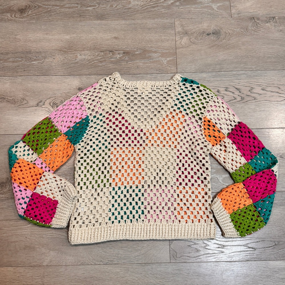BiBi Crochet Patchwork Granny Square Sweater V-Neck Multi-Color Boho Small S - Picture 2 of 6